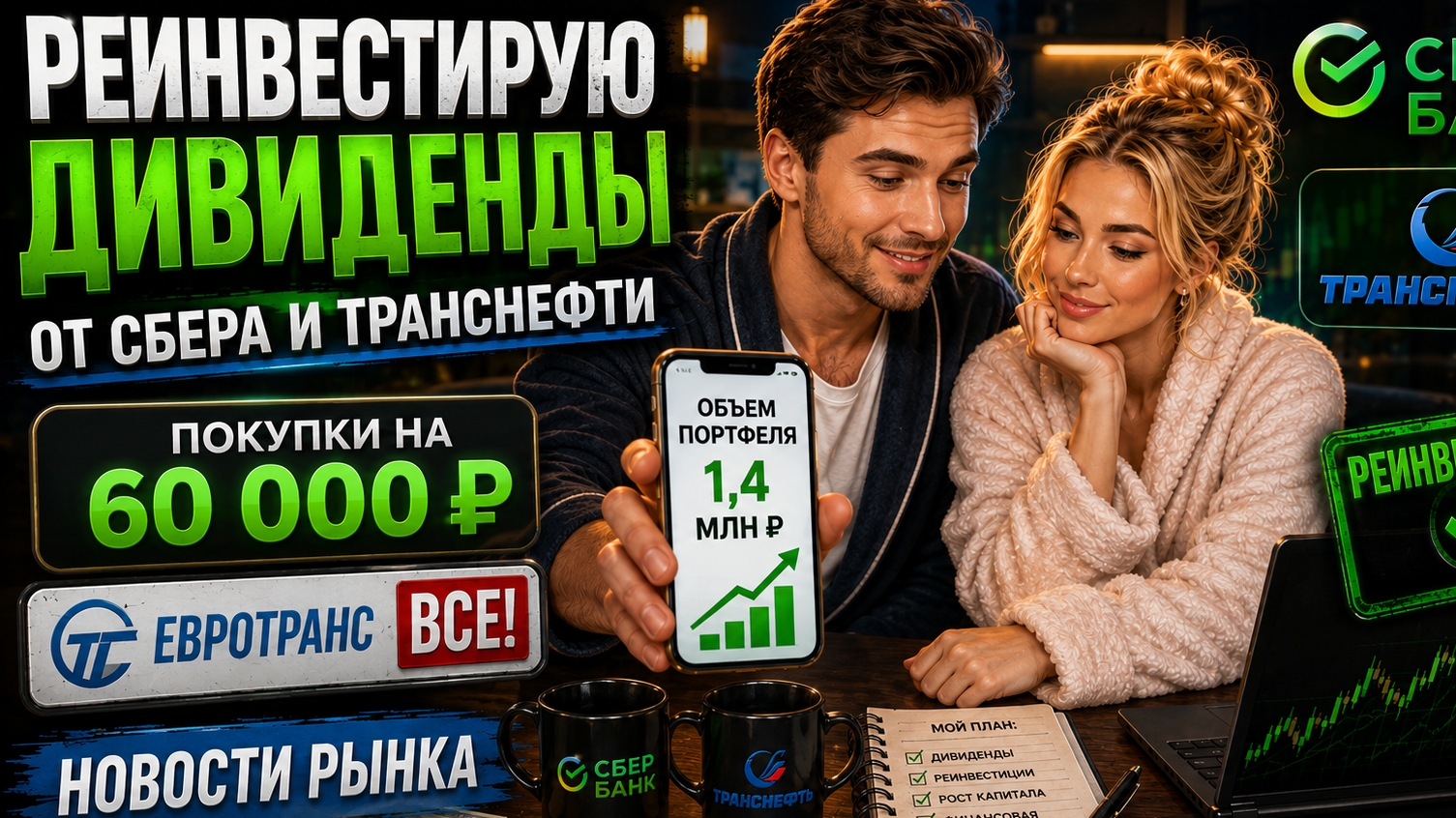 Реинвестирую дивиденды от СБЕРА и ТРАНСНЕФТИ. Евротранс ВСЕ! Новости рынка.